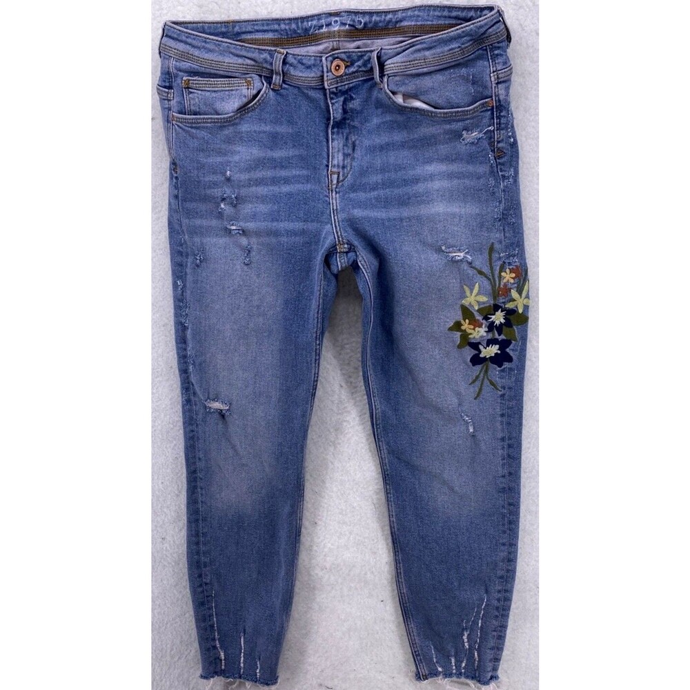 Zara Basic Z1975 Denim Embroidered Floral Distressed Skinny Jeans Women’s Sz 12